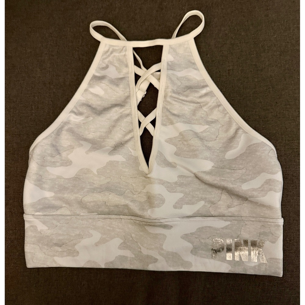 PINK Victoria's Secret Sports Bra Women S White Camo Strappy High‎ Neck